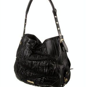 Burberry Black Lambskin Leather Pleated Hobo Bag Gold Hardware Detachable Strap